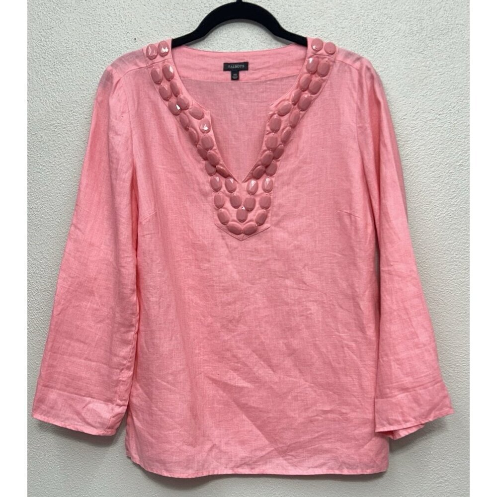 Talbots Pink Linen Tunic Top Blouse Beaded Trim V-Neck 3/4 Sleeve Womens Size XS